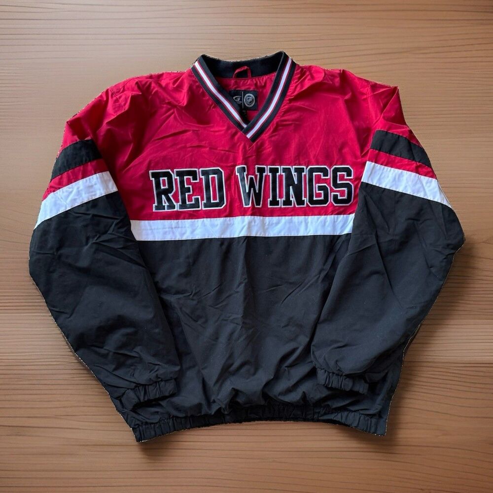🔥Vintage 90s Detroit Red Wings Spellout Y2K Side Zip Windbreaker Jacket NHL XL